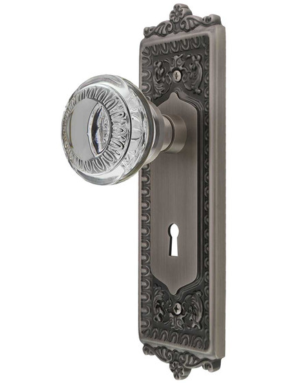 Egg and Dart Style Door Set with Ovolo Crystal-Glass Knobs and Keyhole in Antique Pewter.